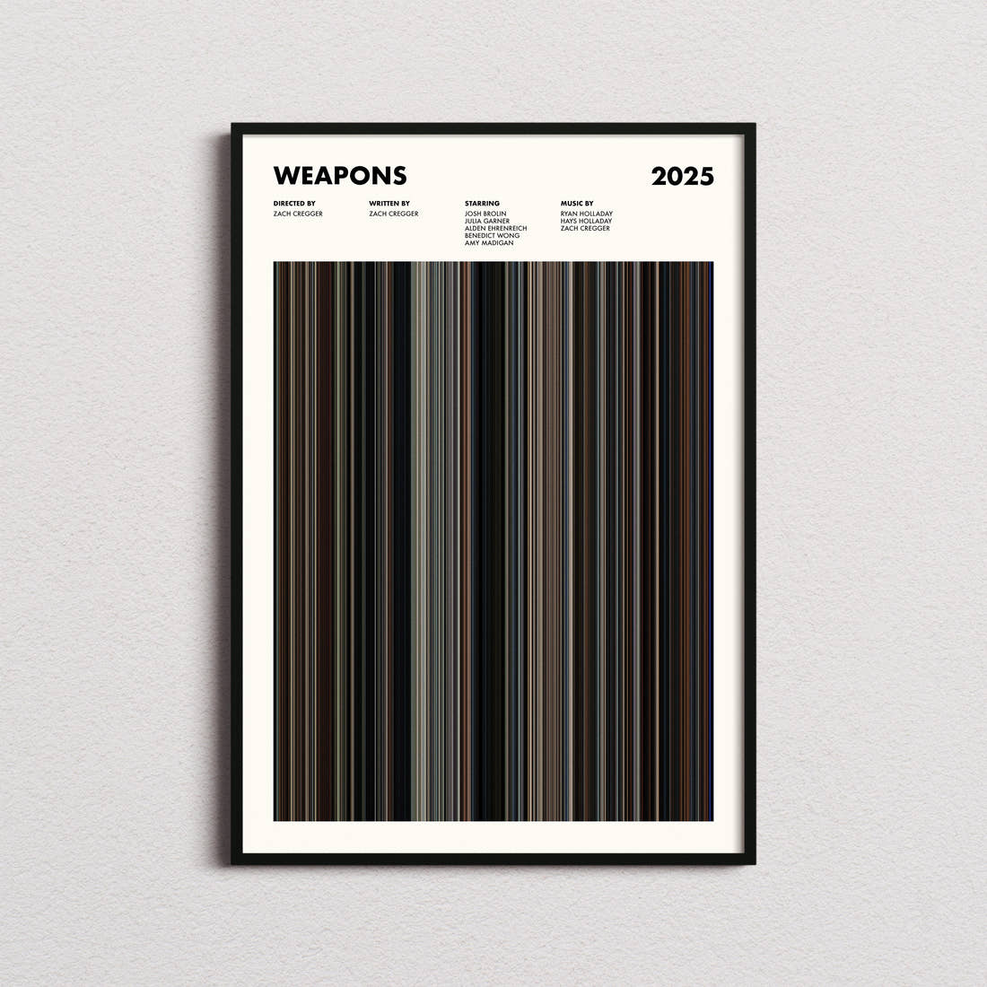 Weapons Movie Barcode Poster framed on a plain studio wall