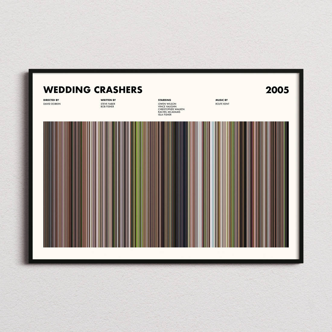 Wedding Crashers Movie Barcode Poster framed and photographed straight on