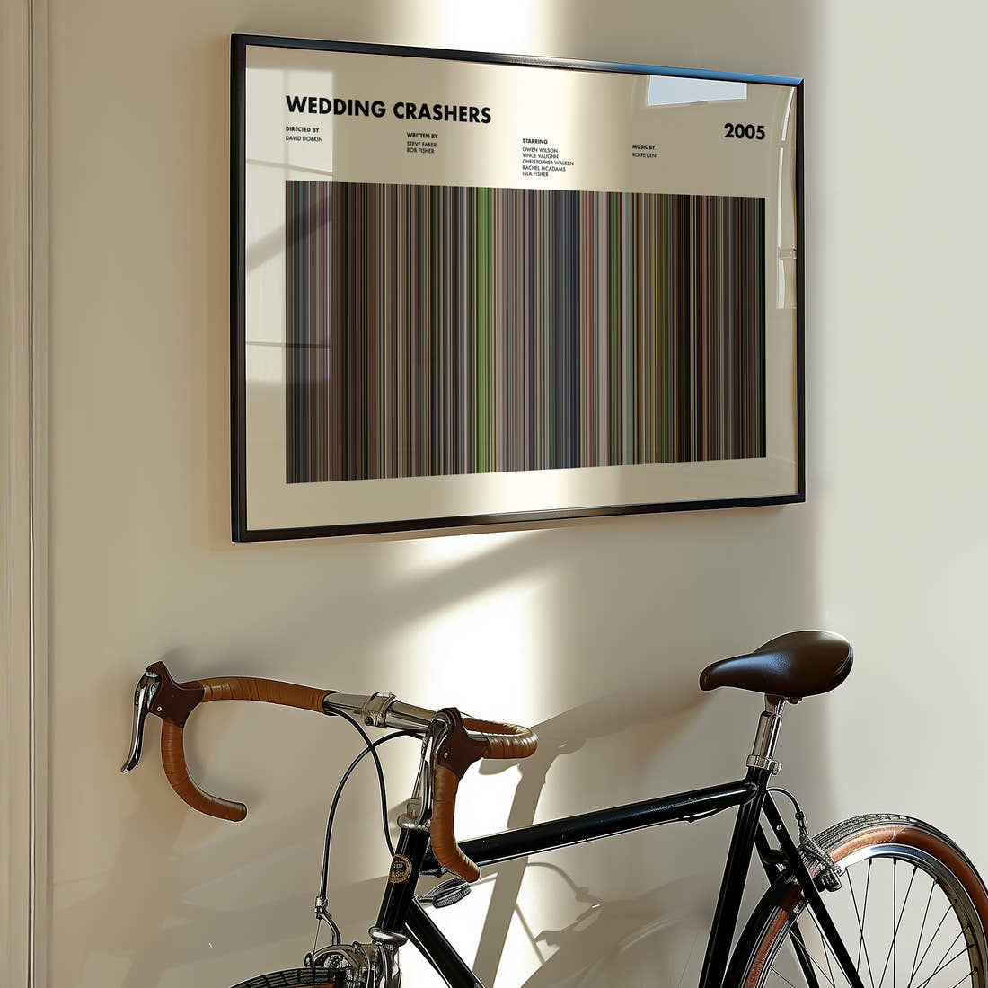 Wedding Crashers Movie Barcode Poster framed on the wall of a styled room setting