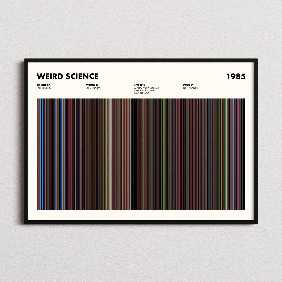 Weird Science Movie Barcode Poster framed and photographed straight on