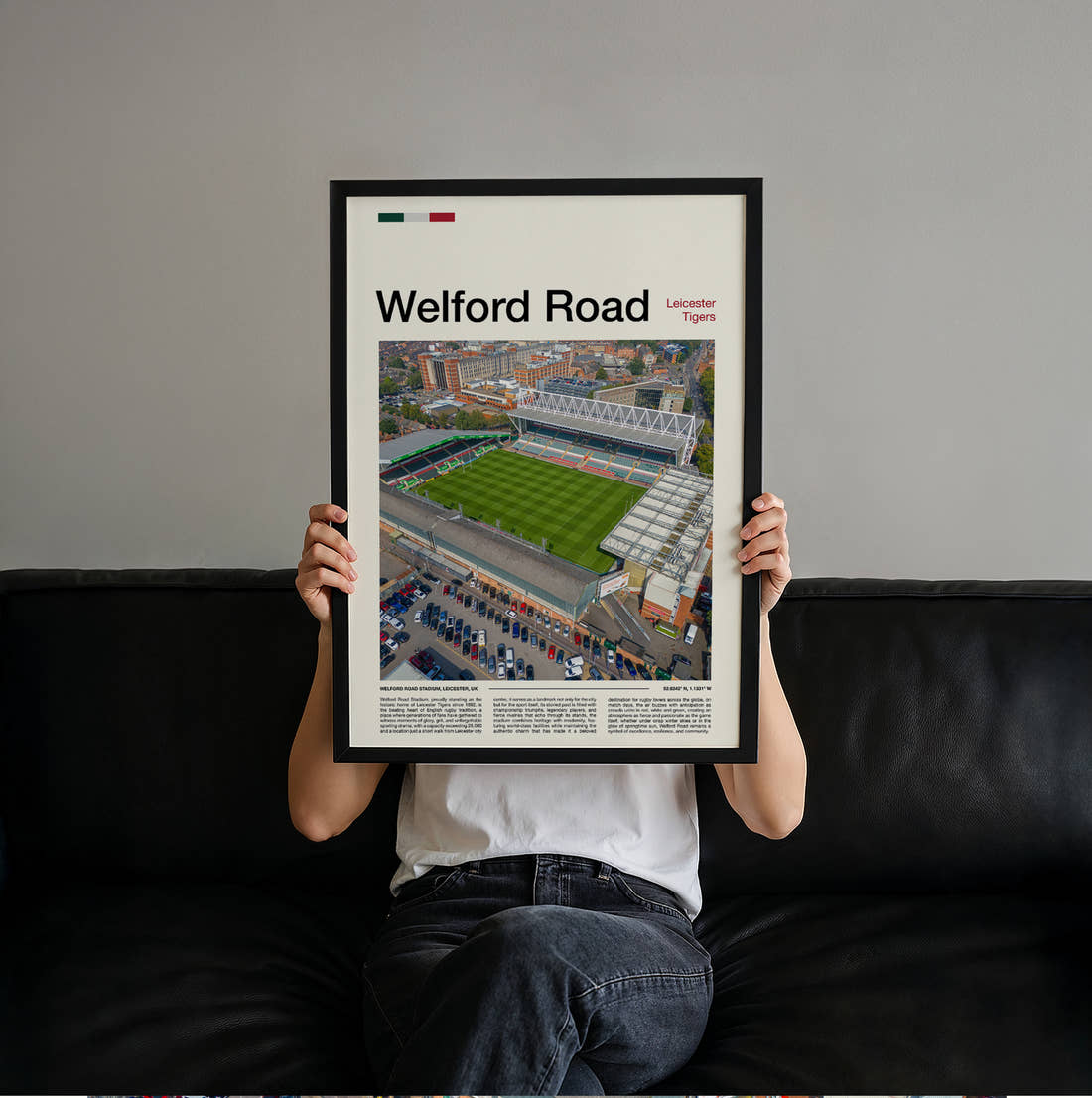 Welford Road Stadium Print held up by hand to show the size of the print