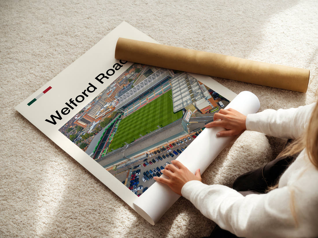 Welford Road Stadium Print being unrolled from its postal tube