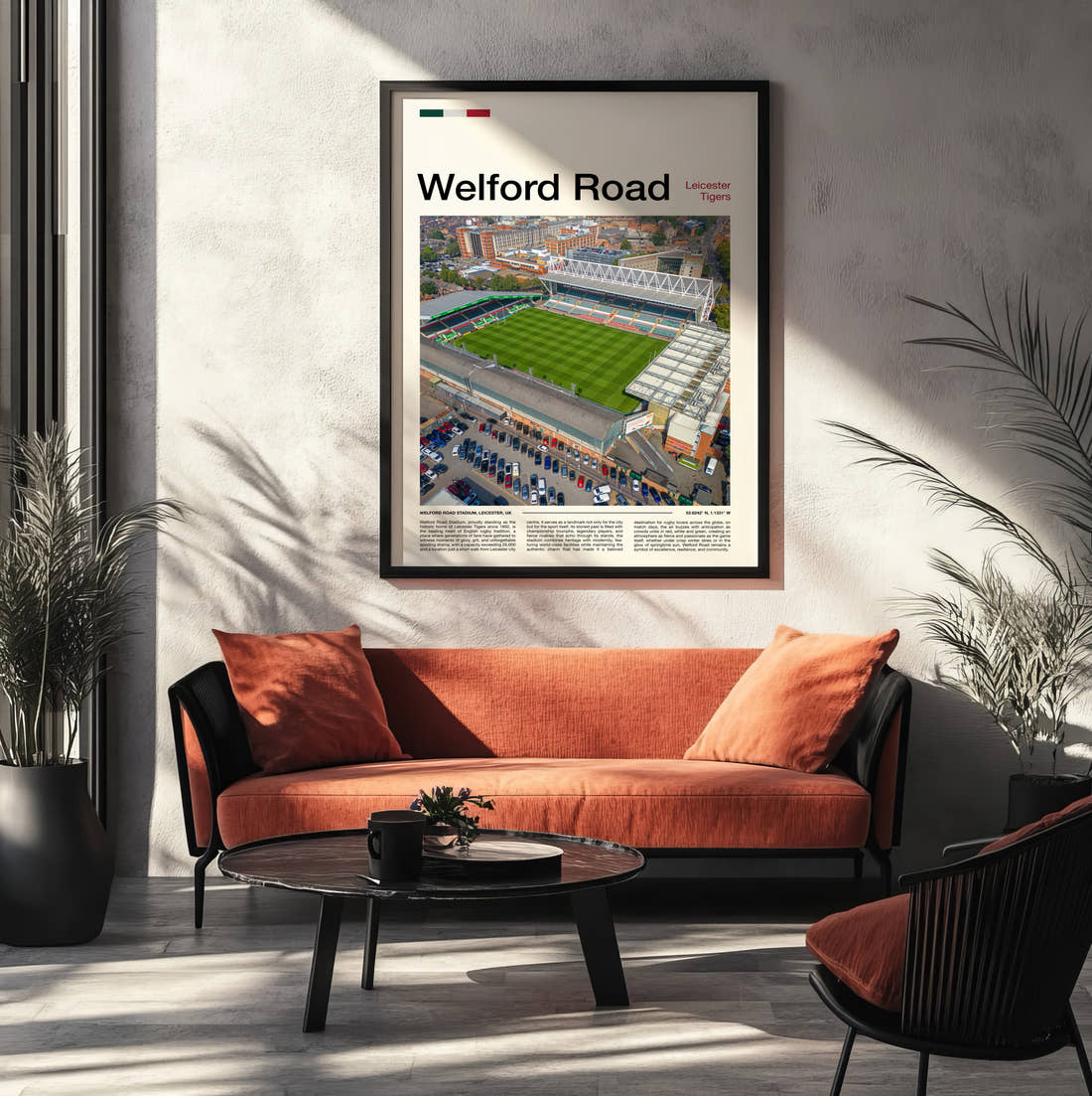 Welford Road Stadium Print framed on the wall of a modern living room