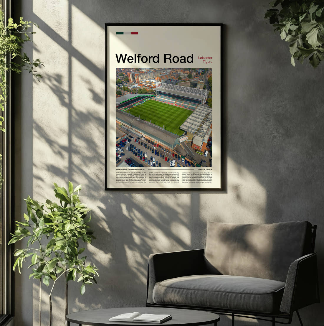 Welford Road Stadium Print framed on the wall of a relaxed living room