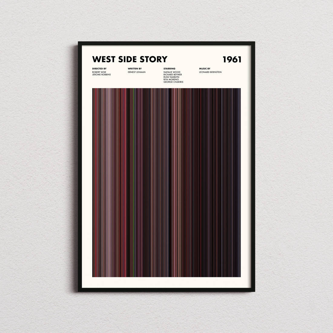 West Side Story 1961 Movie Barcode Poster framed on a plain studio wall