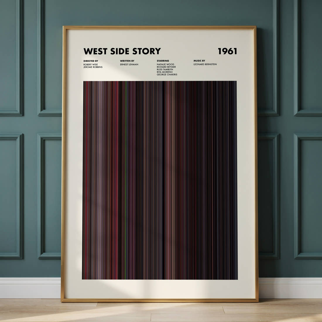 West Side Story 1961 Movie Barcode Poster framed and leaning against a panelled wall