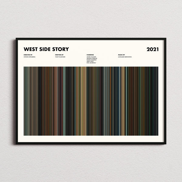 West Side Story 2021 Movie Barcode Poster framed and photographed straight on