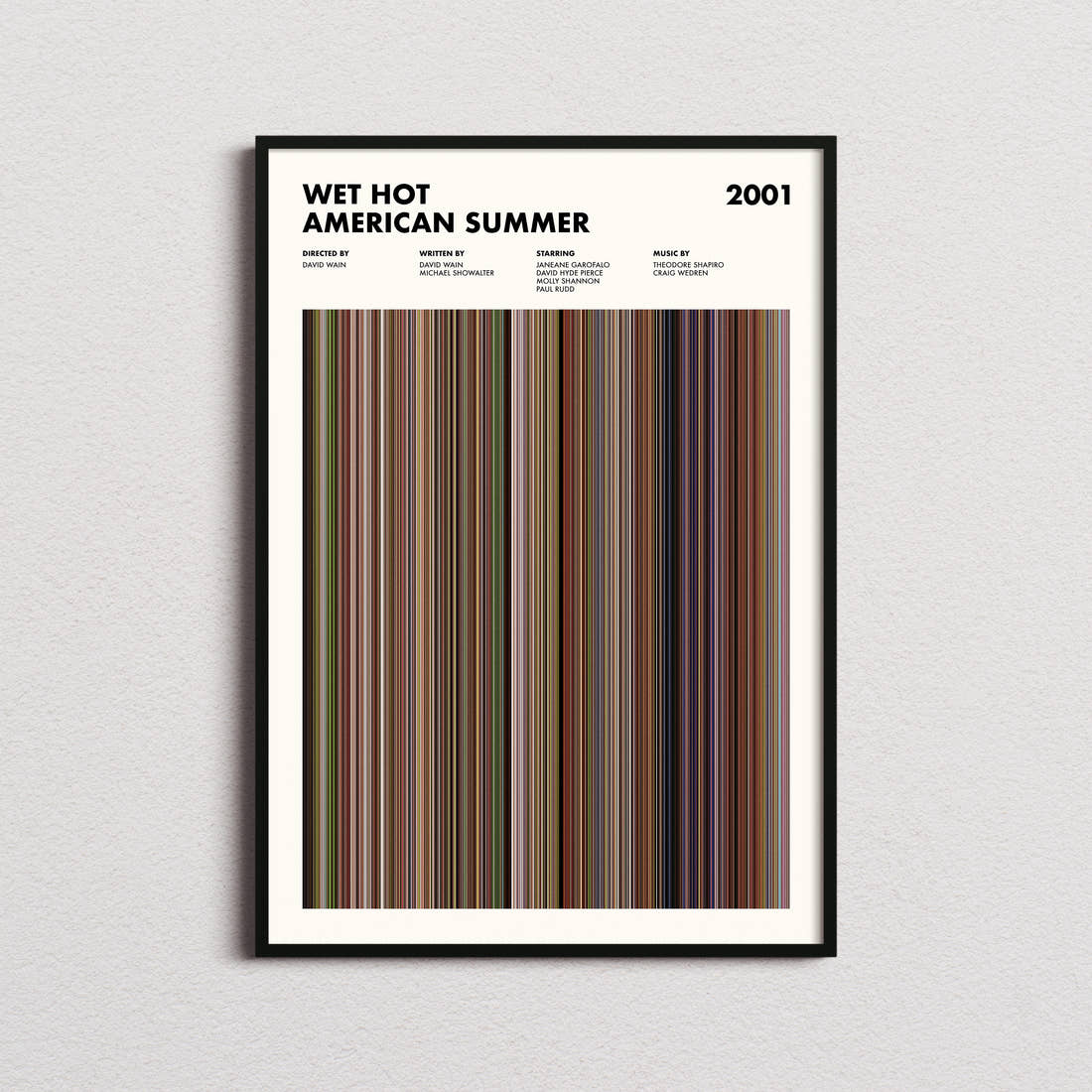 Wet Hot American Summer Movie Barcode Poster framed on a plain studio wall