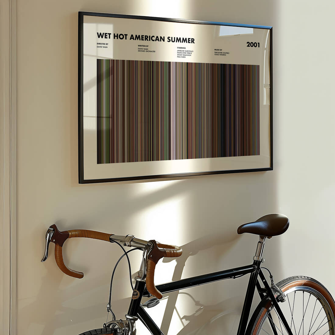 Wet Hot American Summer Movie Barcode Poster framed on the wall of a styled room setting