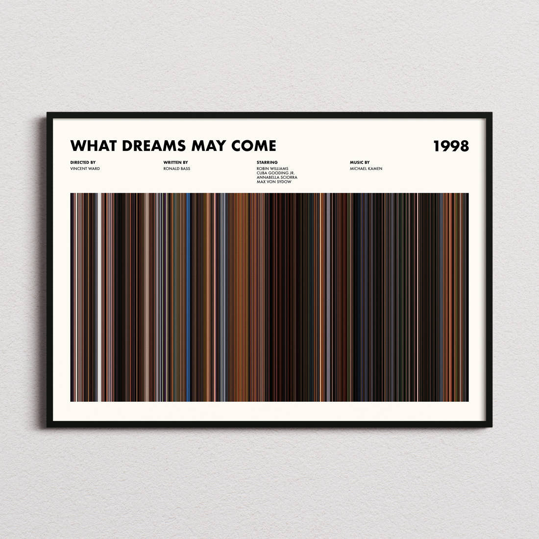 What Dreams May Come Movie Barcode Poster framed and photographed straight on