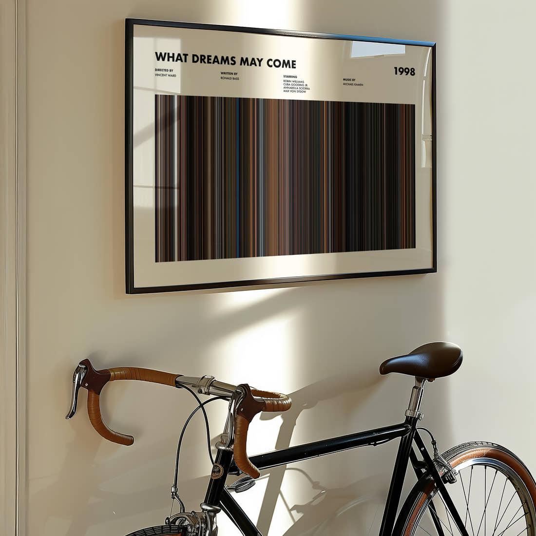 What Dreams May Come Movie Barcode Poster framed on the wall of a styled room setting
