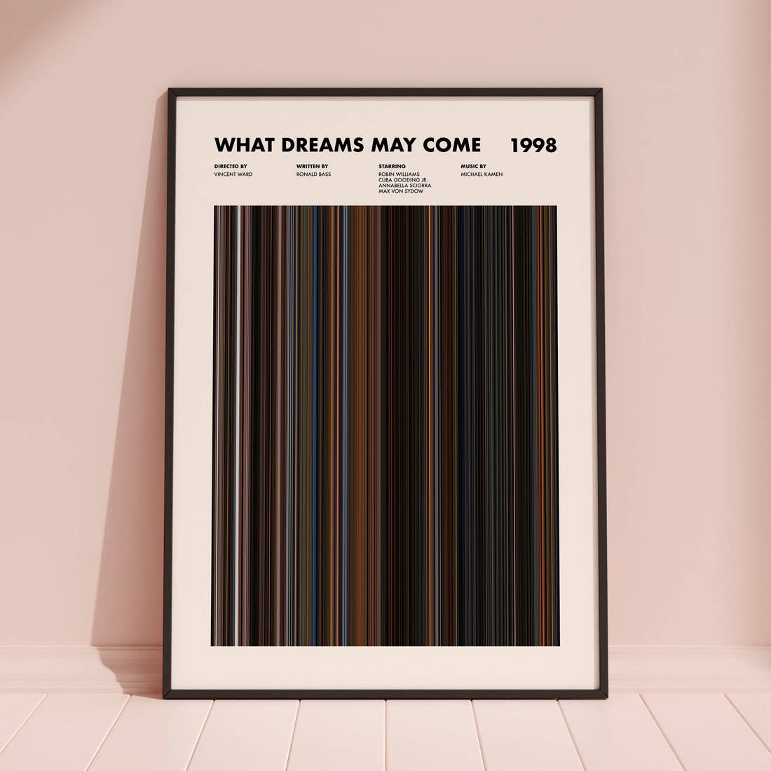 What Dreams May Come Movie Barcode Poster framed and leaning against a coloured wall