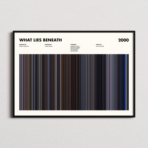 What Lies Beneath Movie Barcode Poster framed and photographed straight on