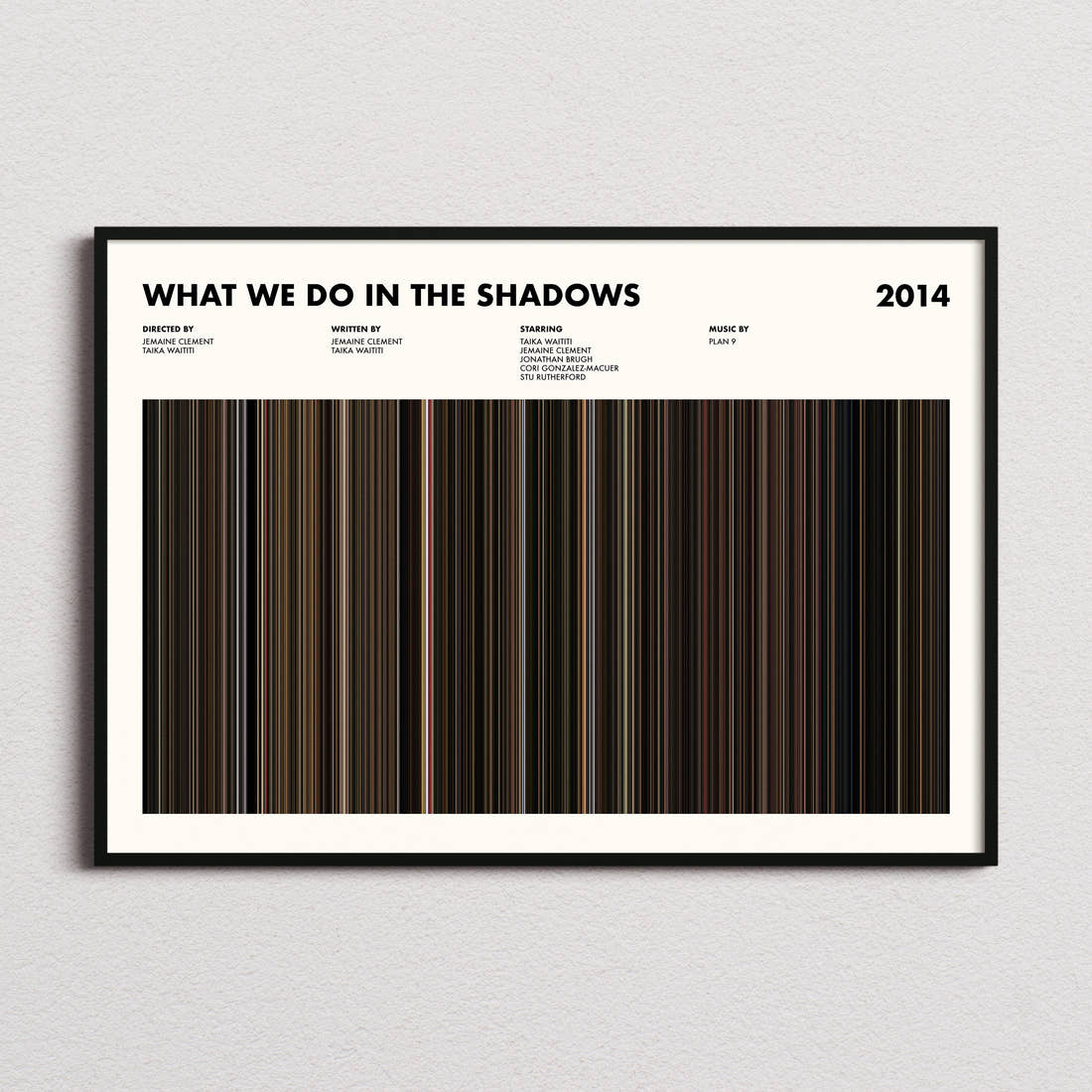 What We Do In The Shadows Movie Barcode Poster framed and photographed straight on