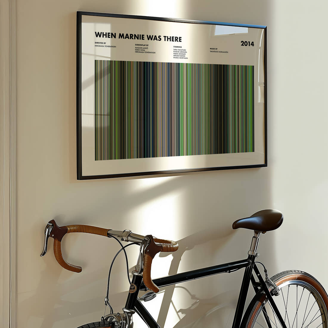 When Marnie Was There Movie Barcode Poster framed on the wall of a styled room setting