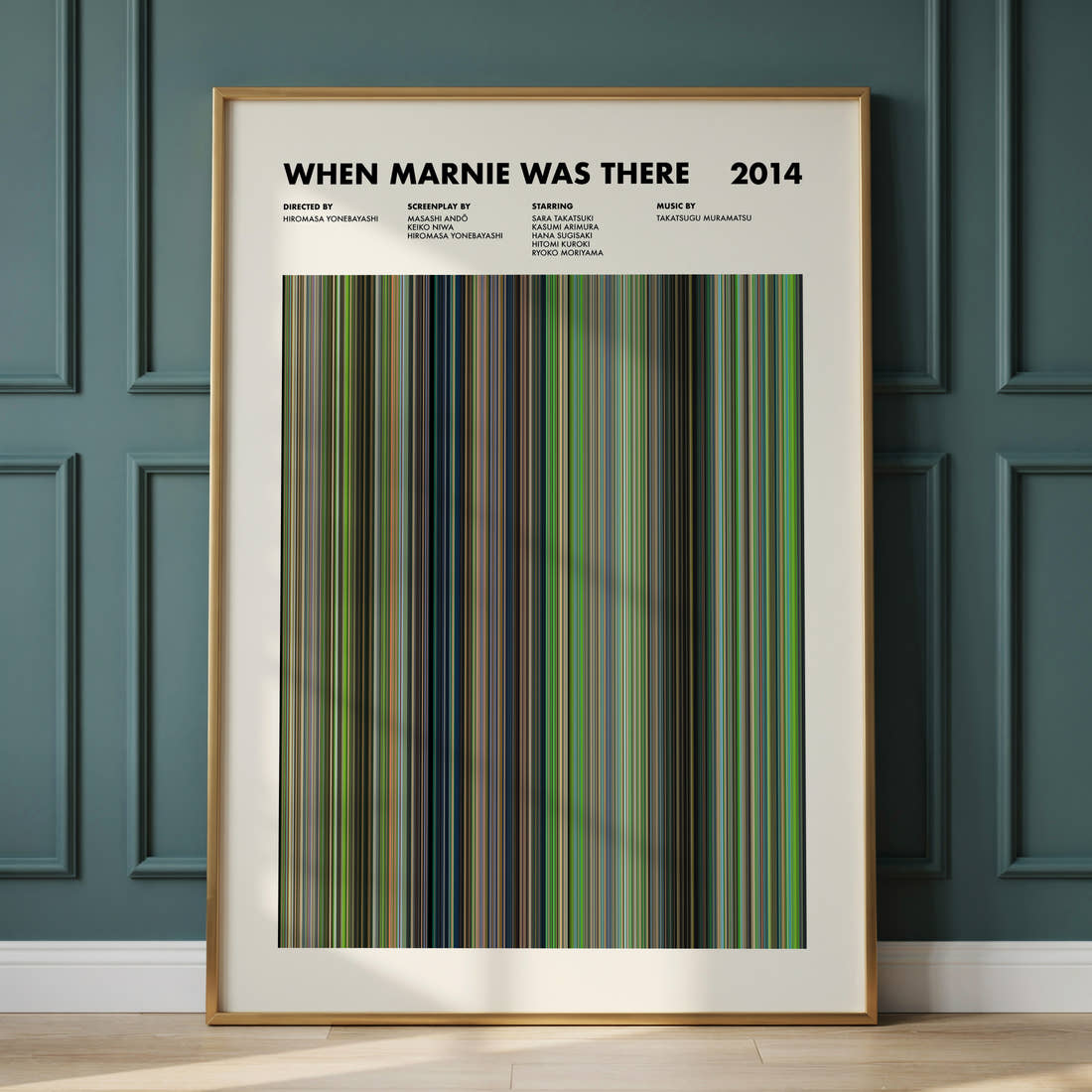 When Marnie Was There Movie Barcode Poster framed and leaning against a panelled wall