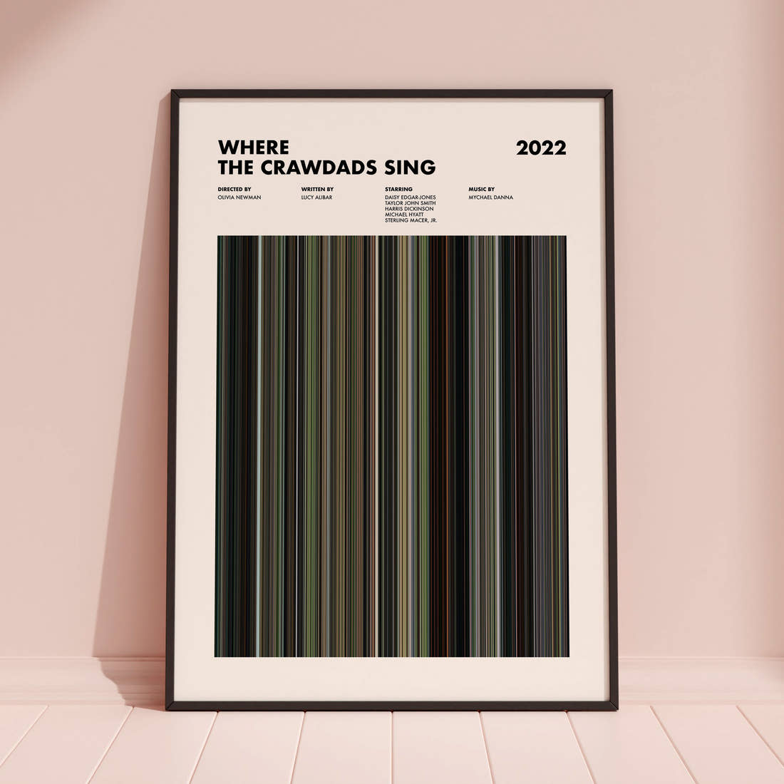 Where the Crawdads Sing Movie Barcode Poster framed and leaning against a coloured wall