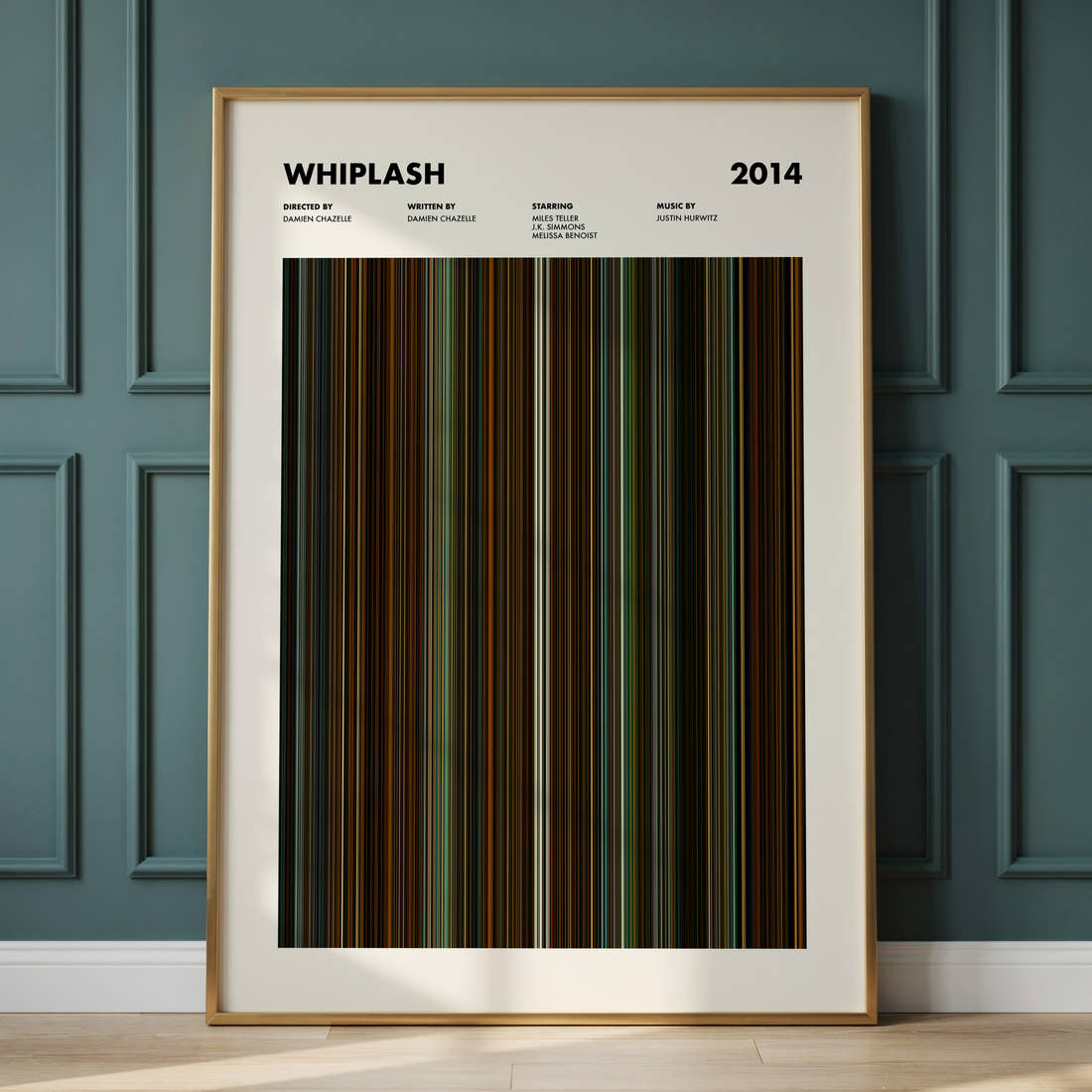 Whiplash Movie Barcode Poster framed and leaning against a panelled wall