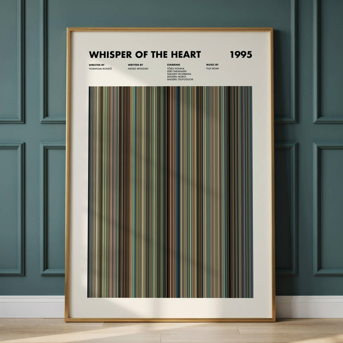 Whisper Of The Heart Movie Barcode Poster framed and leaning against a panelled wall