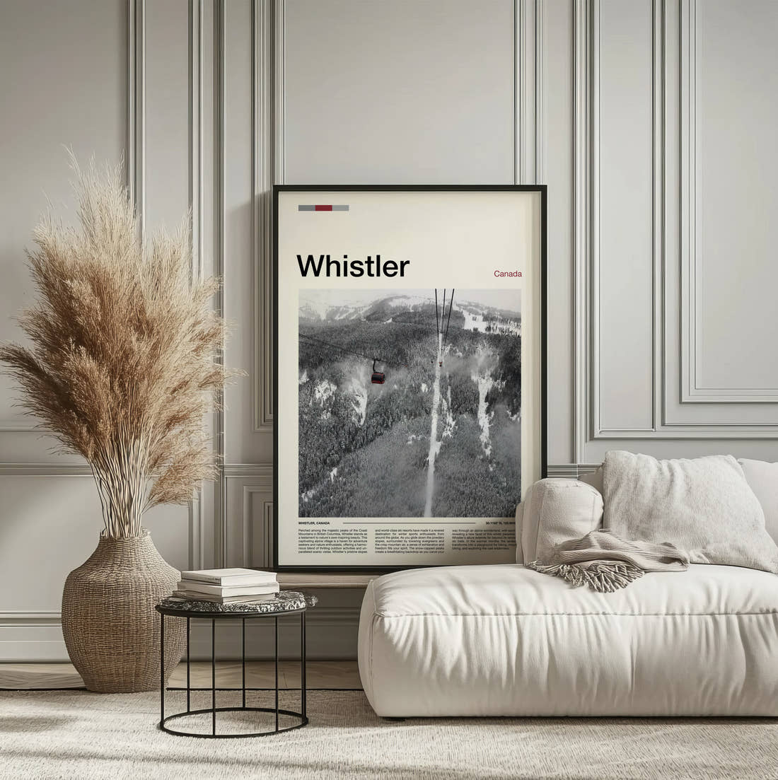 Whistler Gondola Above The Slopes Travel Print framed on the wall of a calm, neutral bedroom