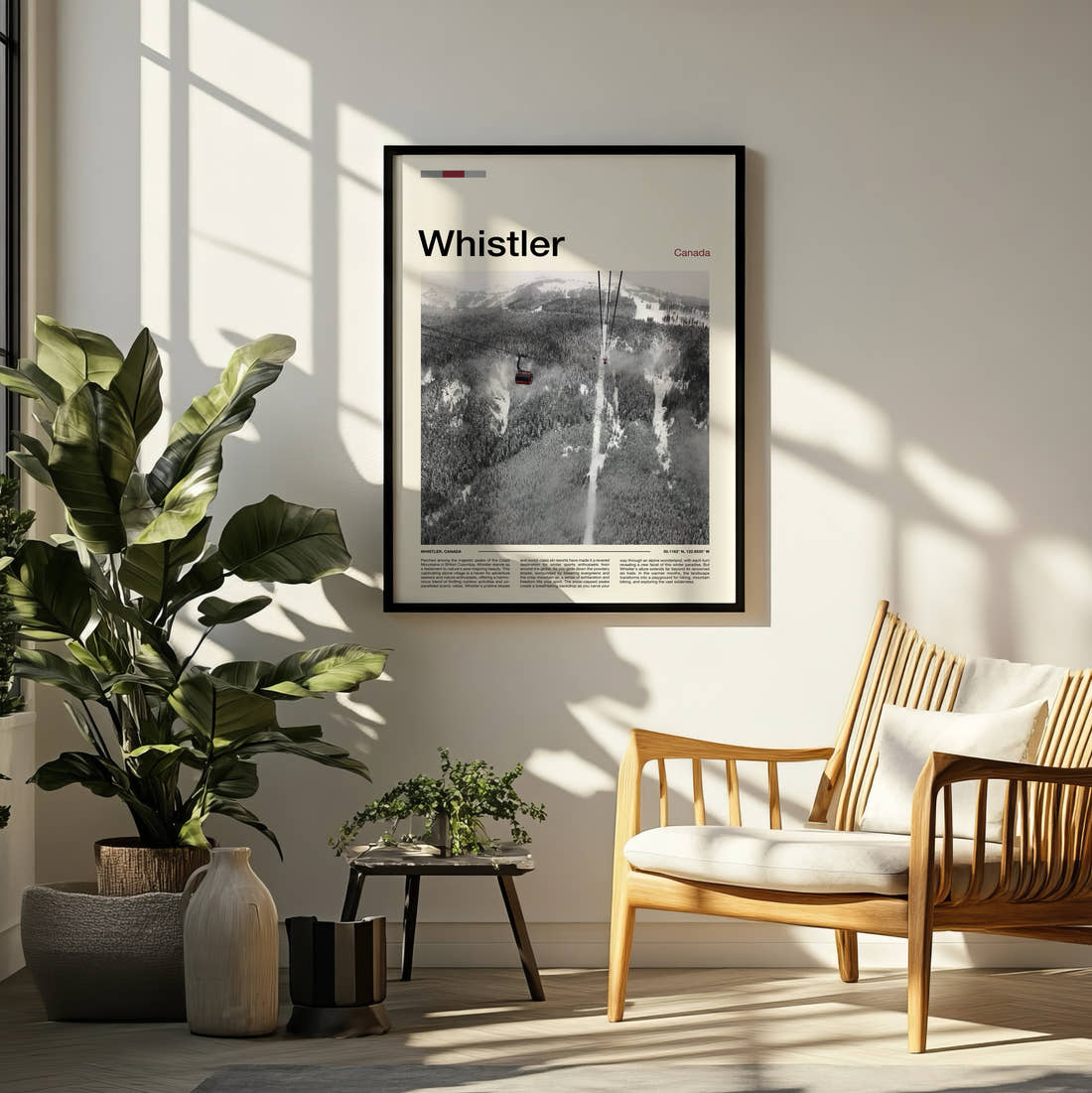 Whistler Gondola Above The Slopes Travel Print framed on a pale wall beside houseplants