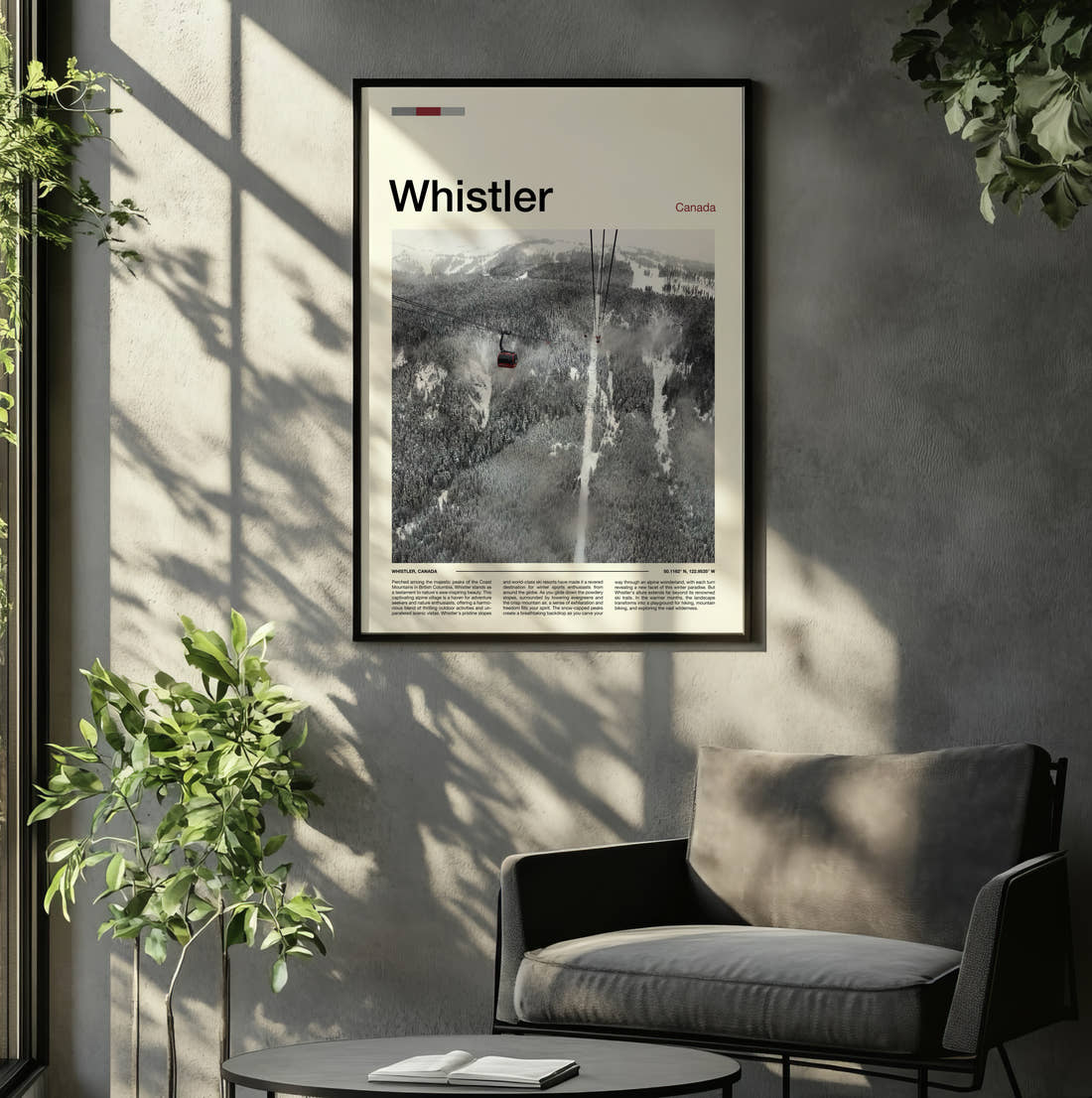Whistler Gondola Above The Slopes Travel Print framed on the wall of a relaxed living room