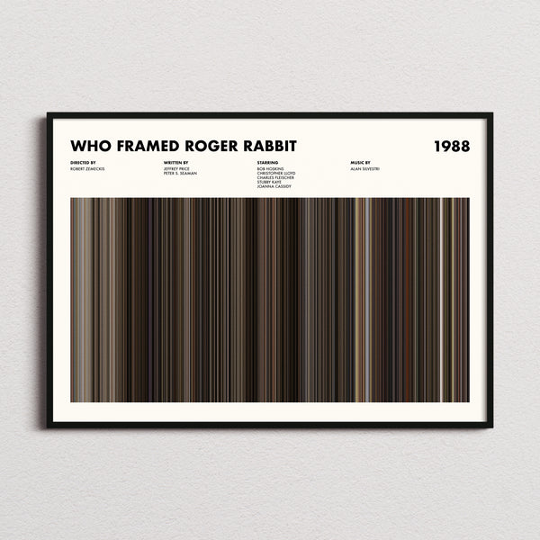 Who Framed Roger Rabbit Movie Barcode Poster framed and photographed straight on