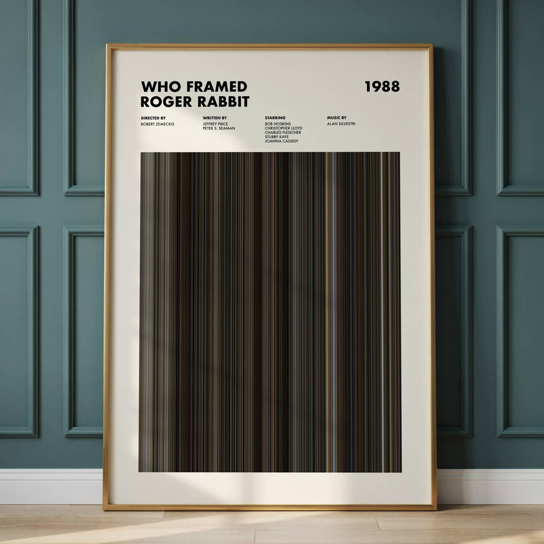 Who Framed Roger Rabbit Movie Barcode Poster framed and leaning against a panelled wall