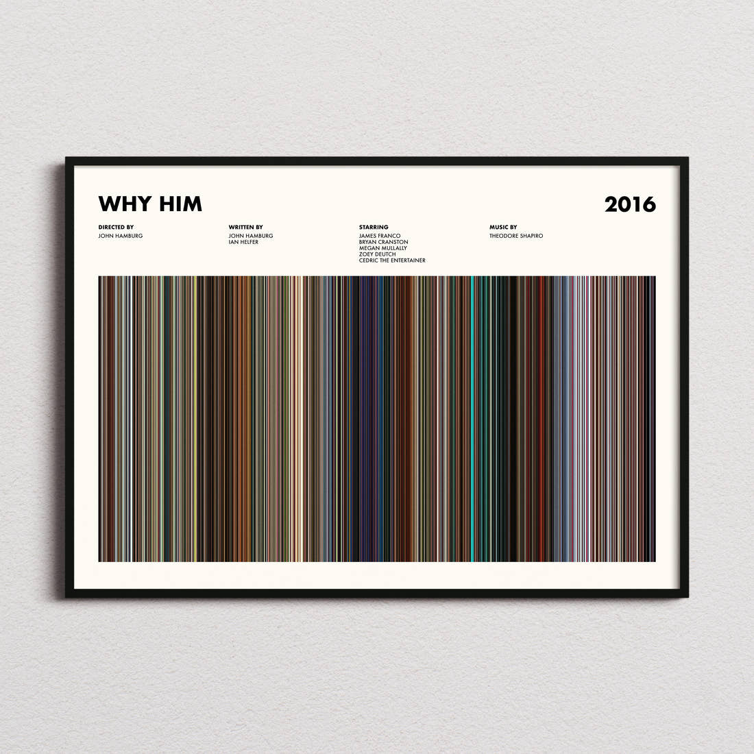 Why Him Movie Barcode Poster framed and photographed straight on