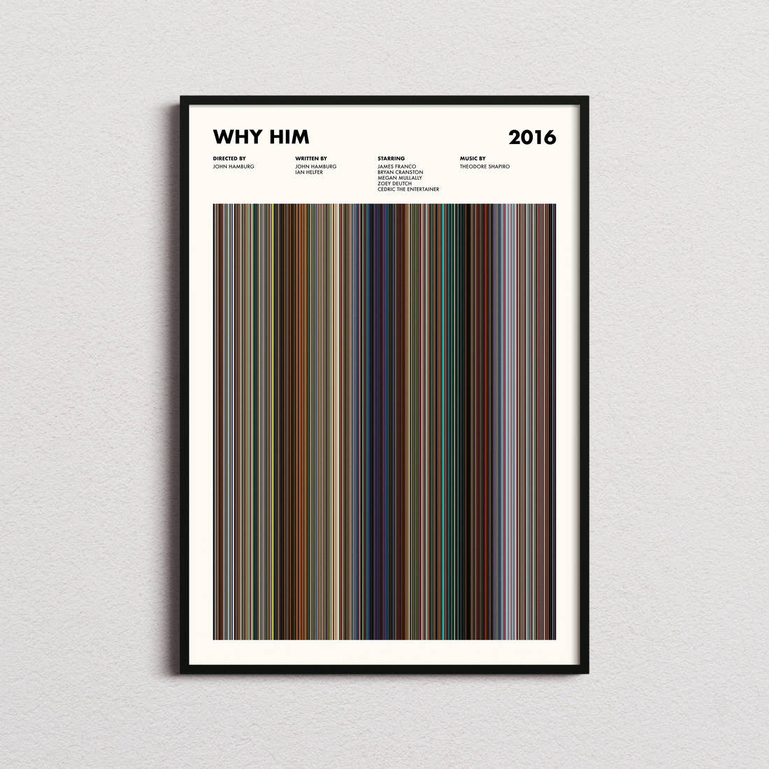 Why Him Movie Barcode Poster framed on a plain studio wall