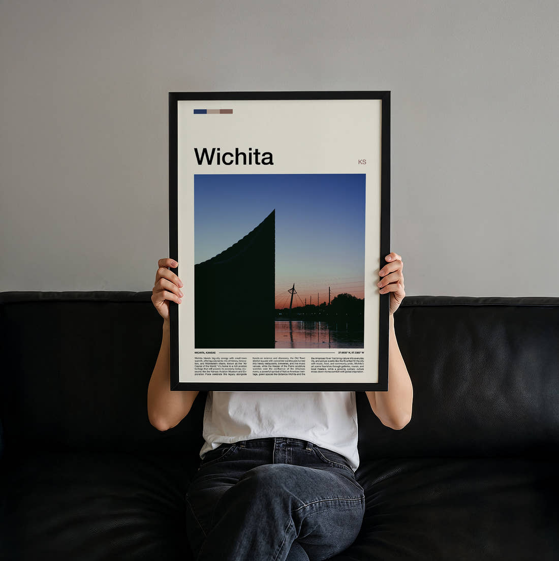 Wichita Riverside Sunset Silhouette Travel Print held up by hand to show the size of the print