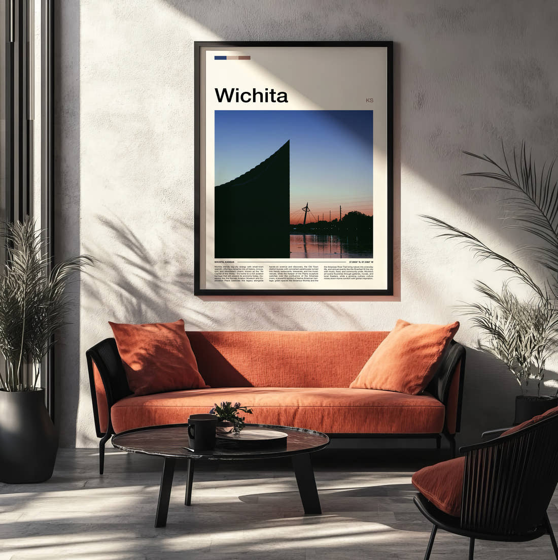 Wichita Riverside Sunset Silhouette Travel Print framed on the wall of a modern living room