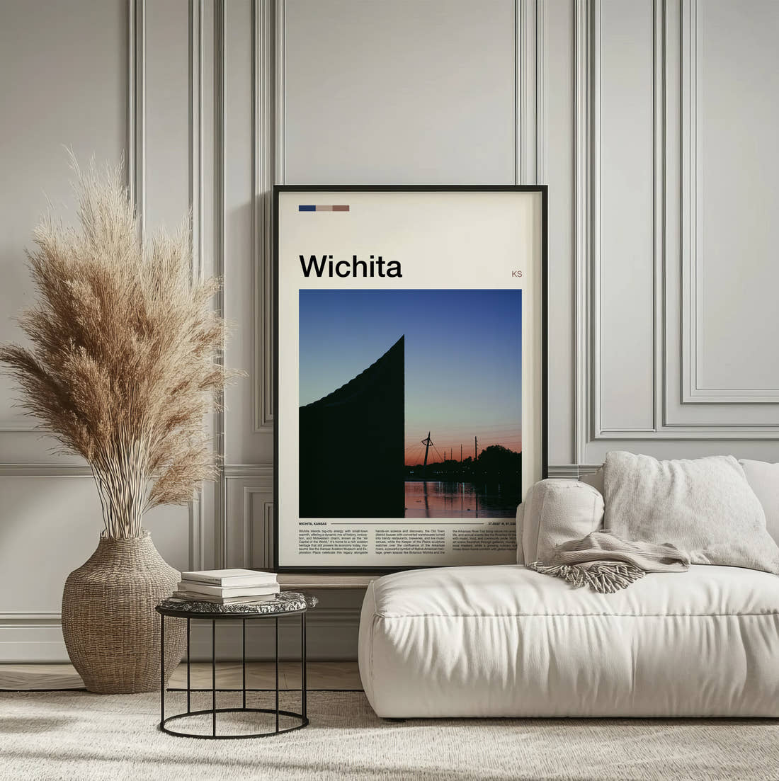 Wichita Riverside Sunset Silhouette Travel Print framed on the wall of a calm, neutral bedroom