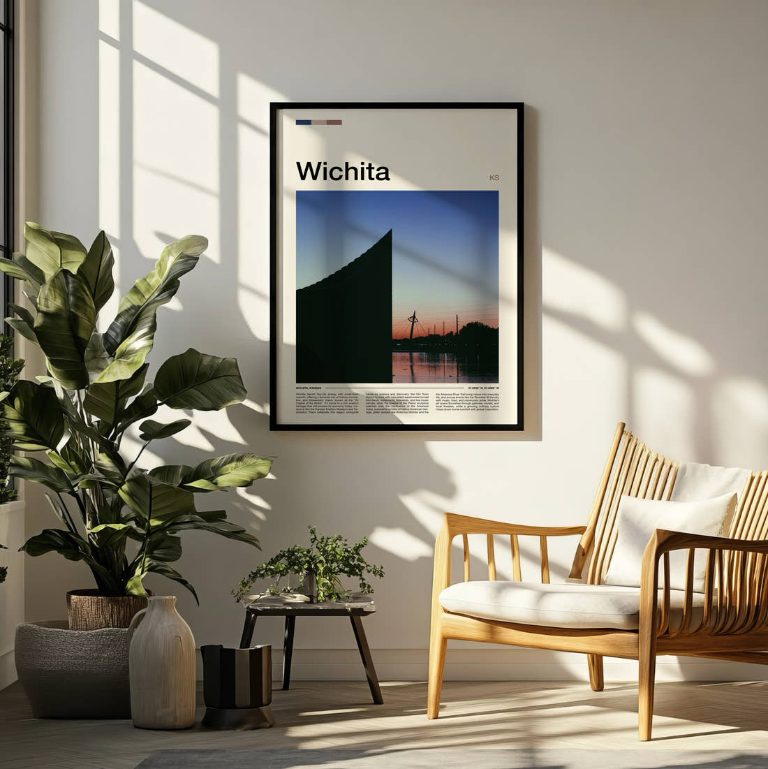 Wichita Riverside Sunset Silhouette Travel Print framed on a pale wall beside houseplants