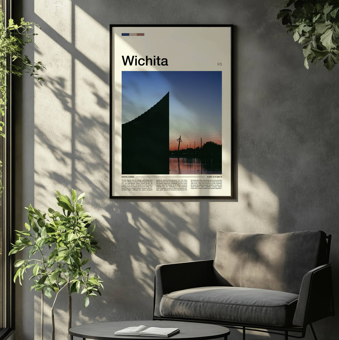Wichita Riverside Sunset Silhouette Travel Print framed on the wall of a relaxed living room