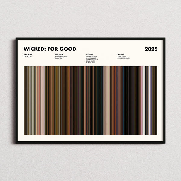 Wicked: For Good Movie Barcode Poster framed and photographed straight on