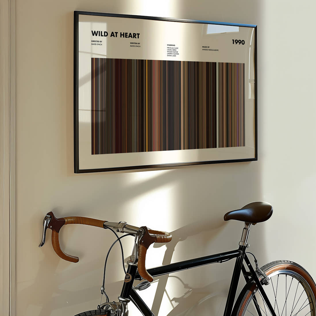 Wild At Heart Movie Barcode Poster framed on the wall of a styled room setting