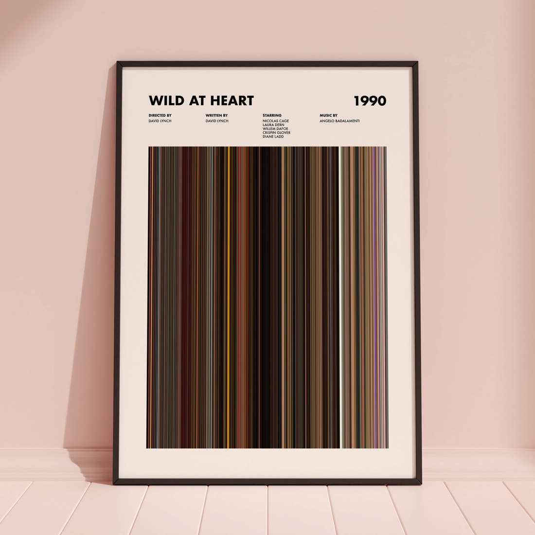 Wild At Heart Movie Barcode Poster framed and leaning against a coloured wall