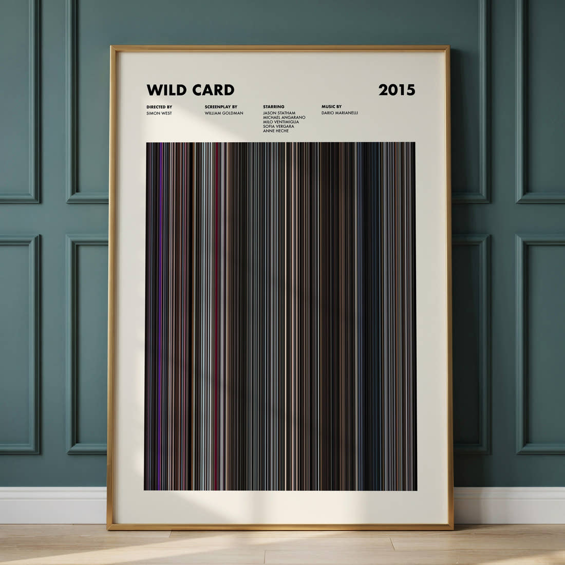 Wild Card Movie Barcode Poster framed and leaning against a panelled wall