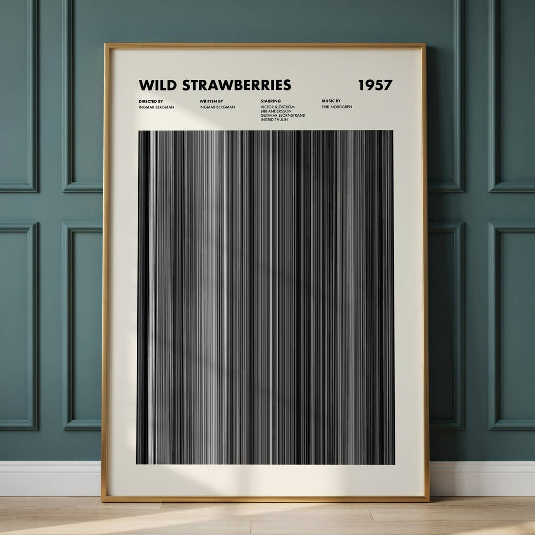 Wild Strawberries Movie Barcode Poster framed and leaning against a panelled wall
