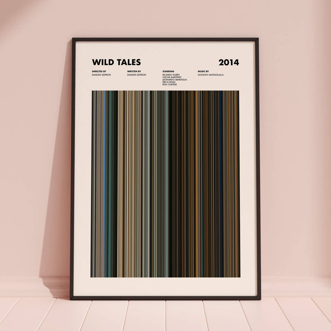 Wild Tales Movie Barcode Poster framed and leaning against a coloured wall