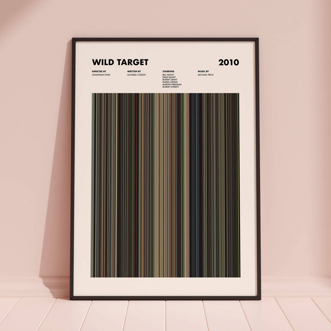 Wild Target Movie Barcode Poster framed and leaning against a coloured wall