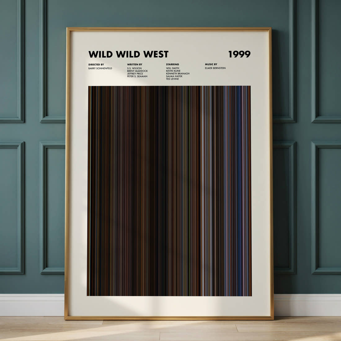 Wild Wild West Movie Barcode Poster framed and leaning against a panelled wall