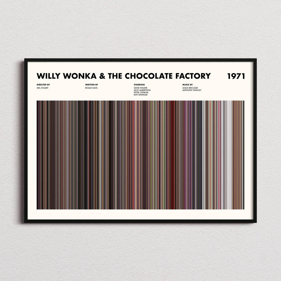 Willy Wonka & The Chocolate Factory Movie Barcode Poster framed and photographed straight on