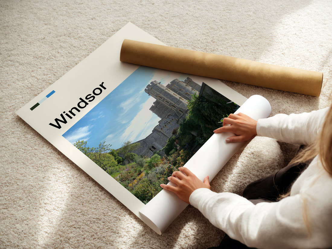 Windsor Castle Wall Garden Travel Print being unrolled from its postal tube