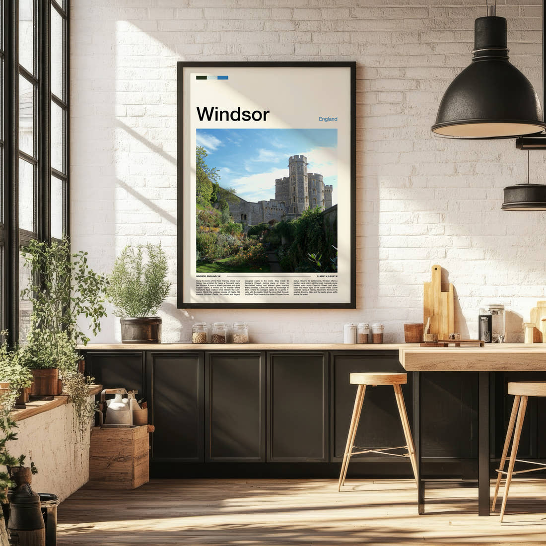 Windsor Castle Wall Garden Travel Print framed on the wall of a bright kitchen and dining space