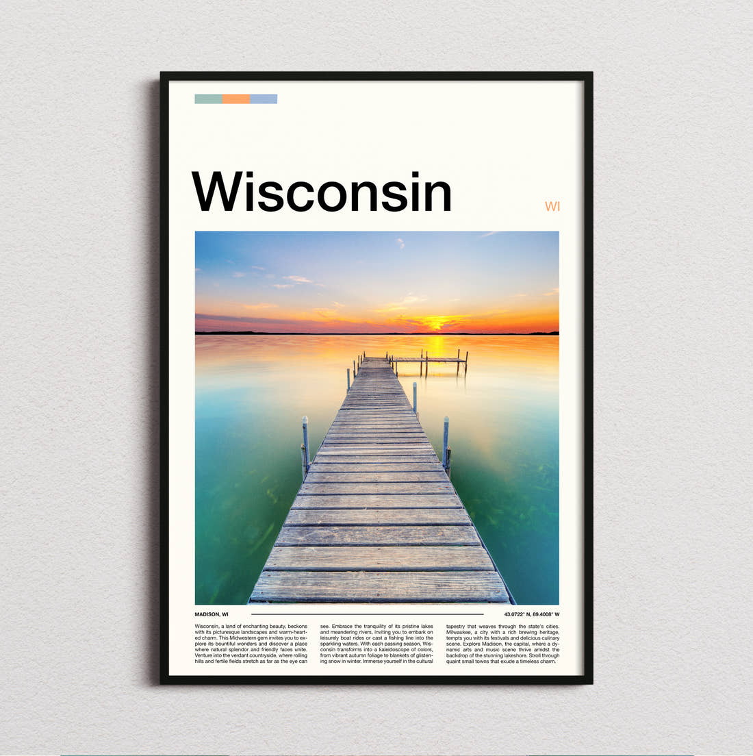Wisconsin Pier At Sunset Travel Print framed and photographed straight on