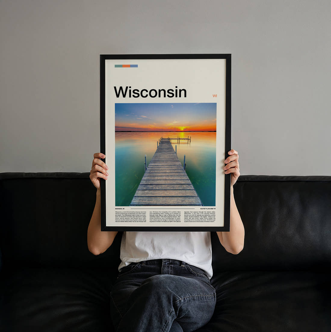 Wisconsin Pier At Sunset Travel Print held up by hand to show the size of the print