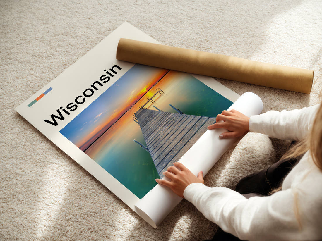 Wisconsin Pier At Sunset Travel Print being unrolled from its postal tube