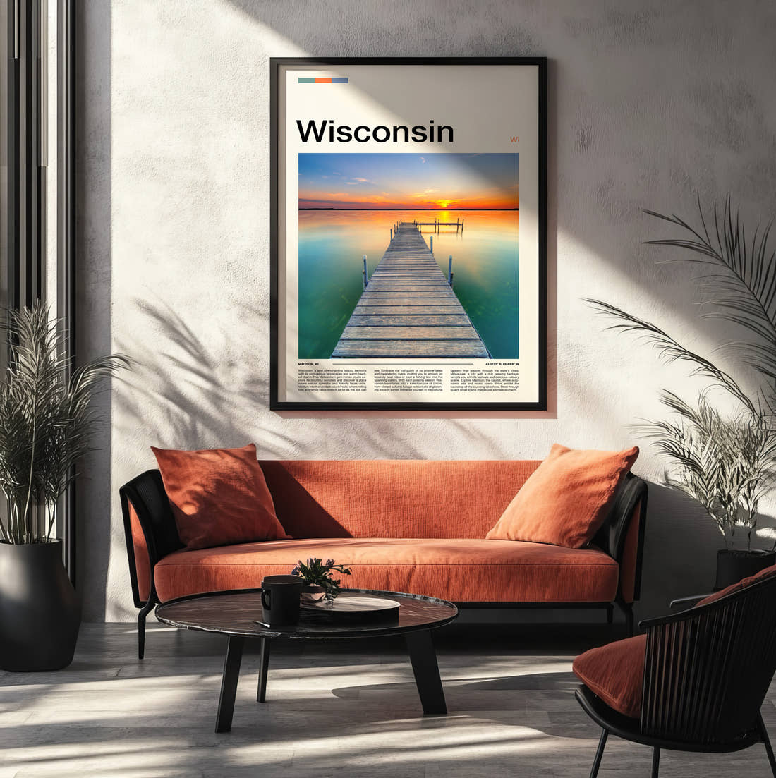 Wisconsin Pier At Sunset Travel Print framed on the wall of a modern living room